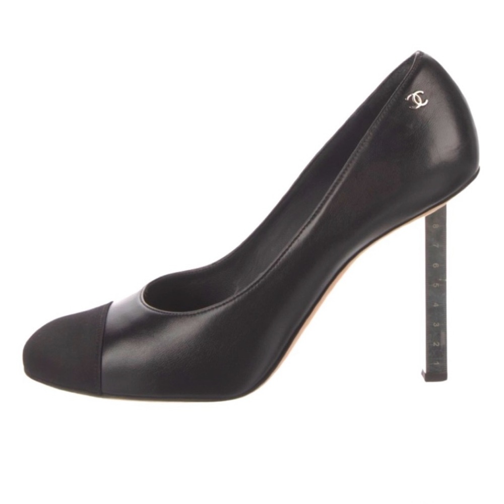 CHANEL Black Leather Cap Toe Stiletto Pumps